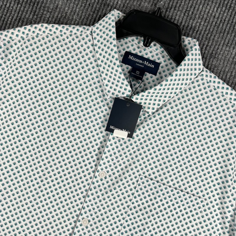 Mizzen+Main Leeward Shirt Mens 2XL XXL White Geometric Short Sleeve Button New