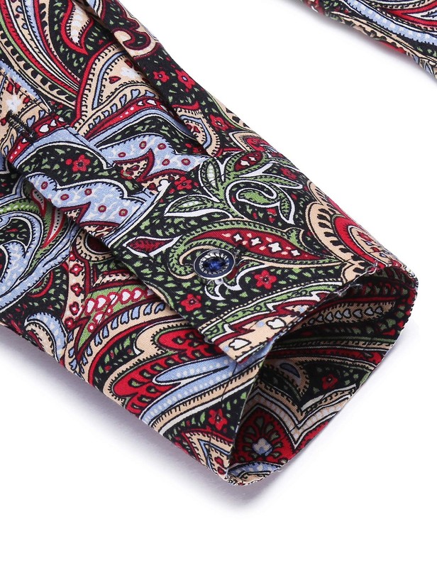Men's Floral Print Button Down Casual Long Sleeve Hawaiian Shirt(Wine Red,L) gallery