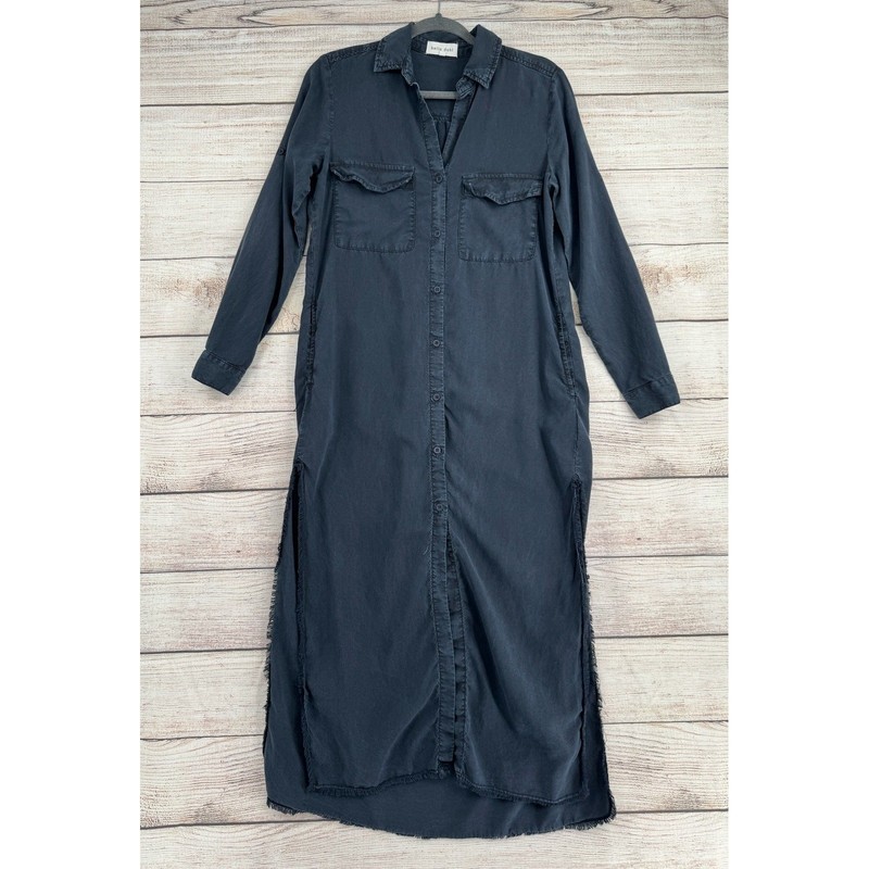 Bella Dahl Shirt Dress Women S Gray Tencel Maxi Frayed Hem Long Sleeve B6842-654