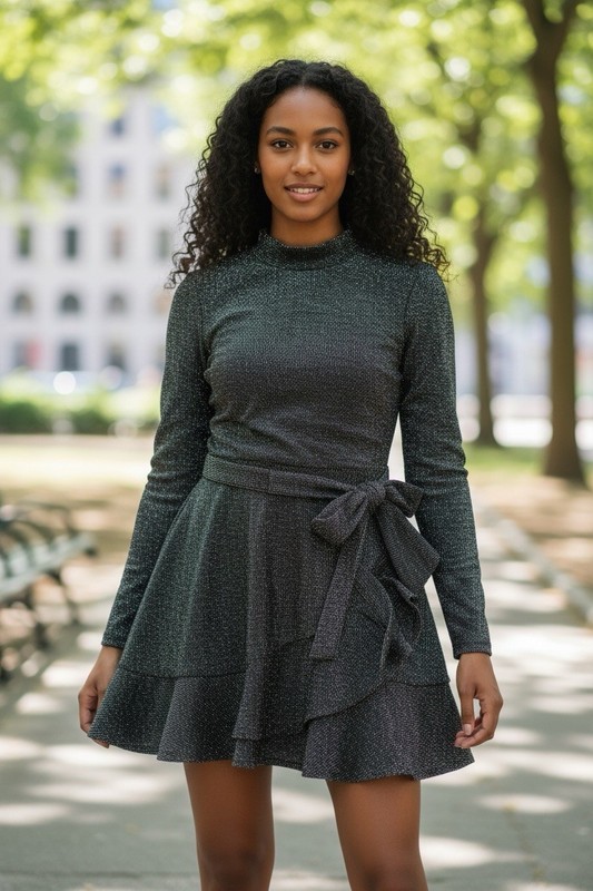 Speechless Black Mock Neck Long Sleeve Fit & Flare Belted Dress Ruffle XS Party