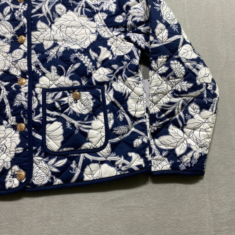 NEW Navy Floral Quilted Cotton Jacket Nautical Crest Goldtone buttons w/ pockets gallery