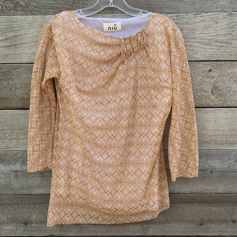 Niu Top Womens L Y2K Mesh Tribal Print Semi Sheer Asymmetrical Ruched Neck Tan