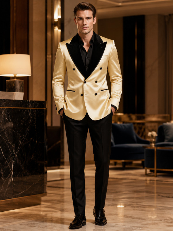 Mens Champagne Gold Satin Tuxedo Jacket Black Pants Wedding Prom Party Formal