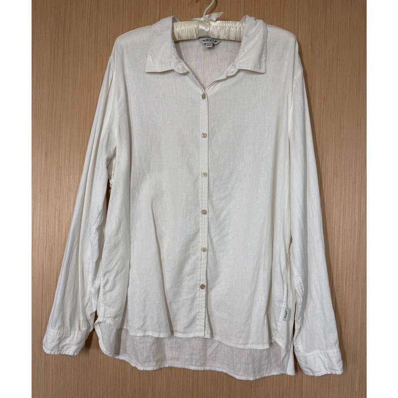 Orvis Classic Collection Linen Blend Button Up Top XXL Ivory Roll Tab Sleeve