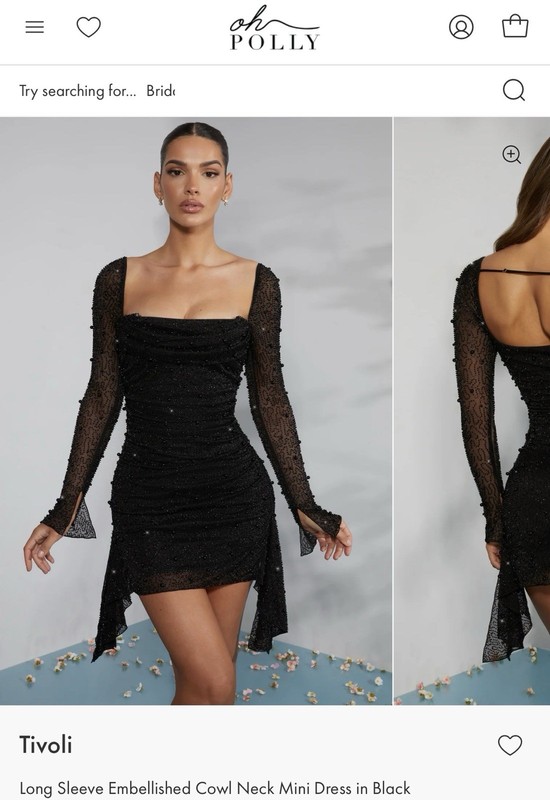 Oh Polly Black Mini Dress Cowl Neck Long Sleeve Beaded Mesh Sheer US 6 gallery