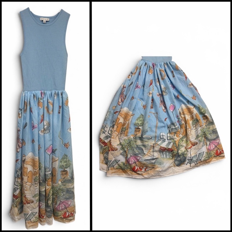 Moon River Midi Dress XS Blue Knit Mediterranean Vacation Print Sleeveless