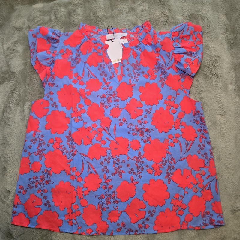 Sugarlips Pink/Blue Floral Thea Flutter Sleeve V Neck Blouse Top Size XL NWT