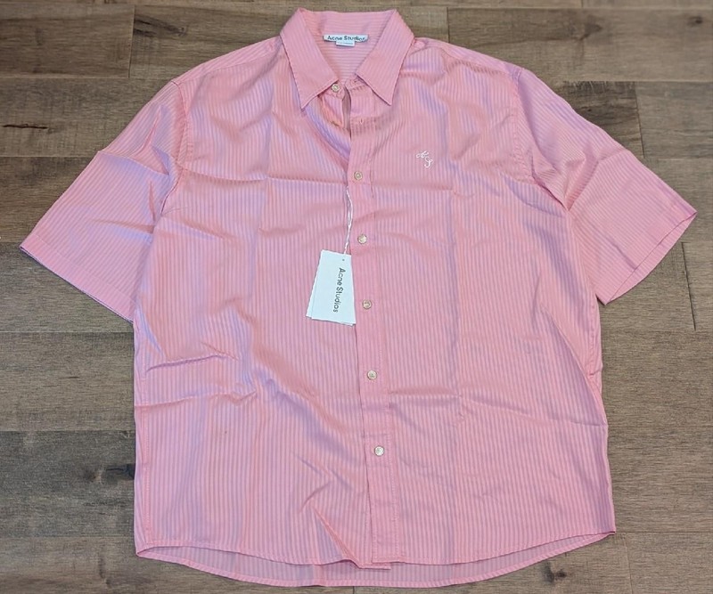 $440 Mens ACNE STUDIOS Tonal Stripe SS Button Up Shirt Pink 50 US Large