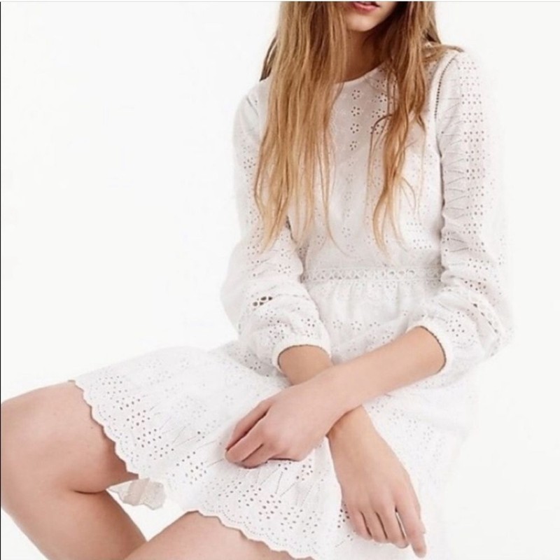 New J.Crew Eyelet Lace Puff Sleeve Tiered Knee Length Fit and Flare Dress 8 Tall