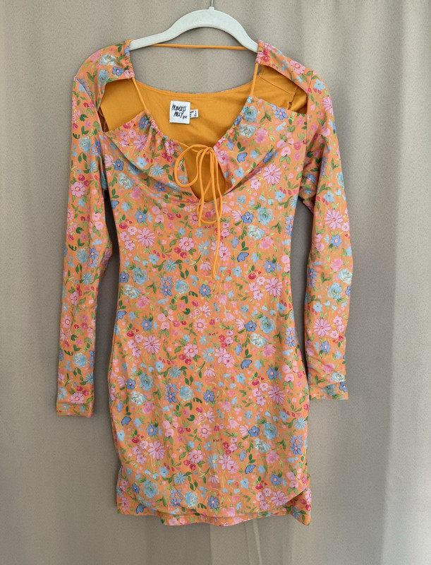 Princess Polly Women’s Orange Floral Mini Dress Long Sleeve Tie Front Size US 0
