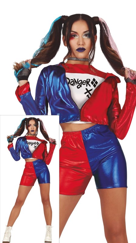 Dangerous Glam Girl Harlequin Outfit in Red, Blue and White Fancy Dress Adult D…