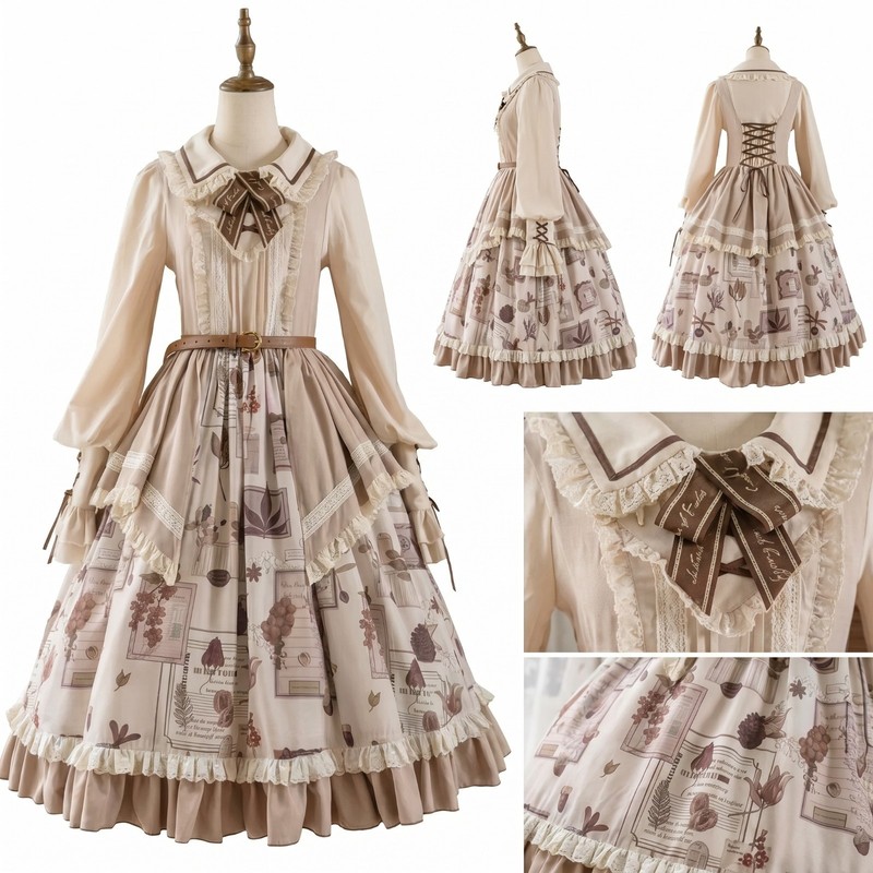 Women Lolita JSK Dress 3PCS Set Vintage Botanical Print Lace Ruffle Long Sleeve gallery