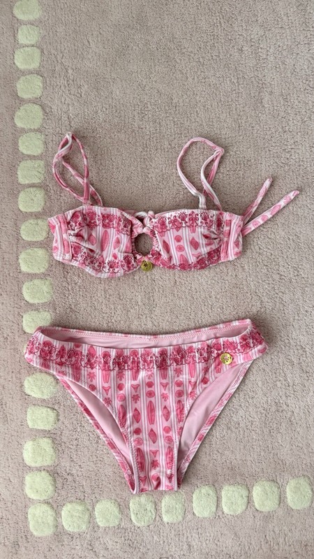 PINK Palm Puff XS Pink/White Graphic 2-Piece Bandeau Bikini, Adjustable Straps