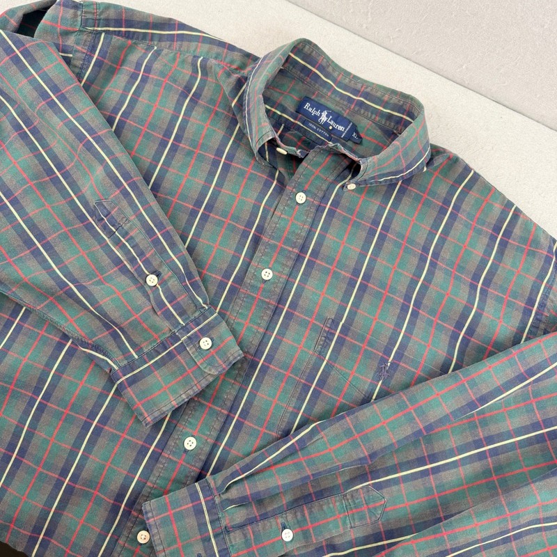 Vintage Ralph Lauren Shirt XL Green Red Blue Plaid Button Down 90s Classic Fit