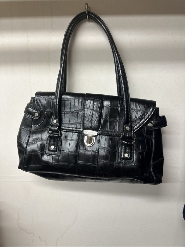 Liz Claiborne Croc Embossed Satchel Shoulder Bag Faux Leather Black