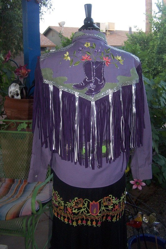 XL Western Custom Embroidered Fringe Rhinestone Cowgirl Boot Rodeo Queen Blouse