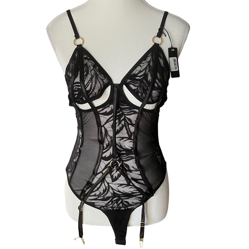 Mapale 8573 Put A Ring On It Teddy Black Floral Lace Garter Bodysuit Women Small