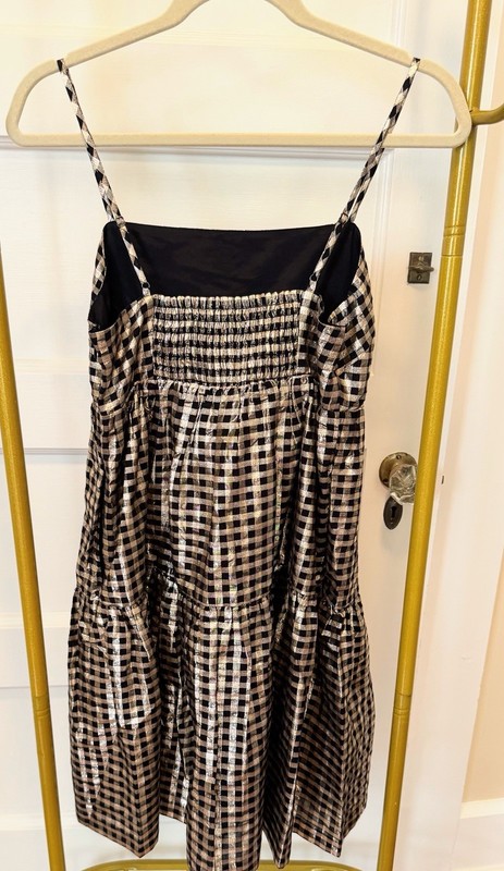 J. Crew Black/Gold Metallic Gingham Tiered Dress, Size 4. gallery