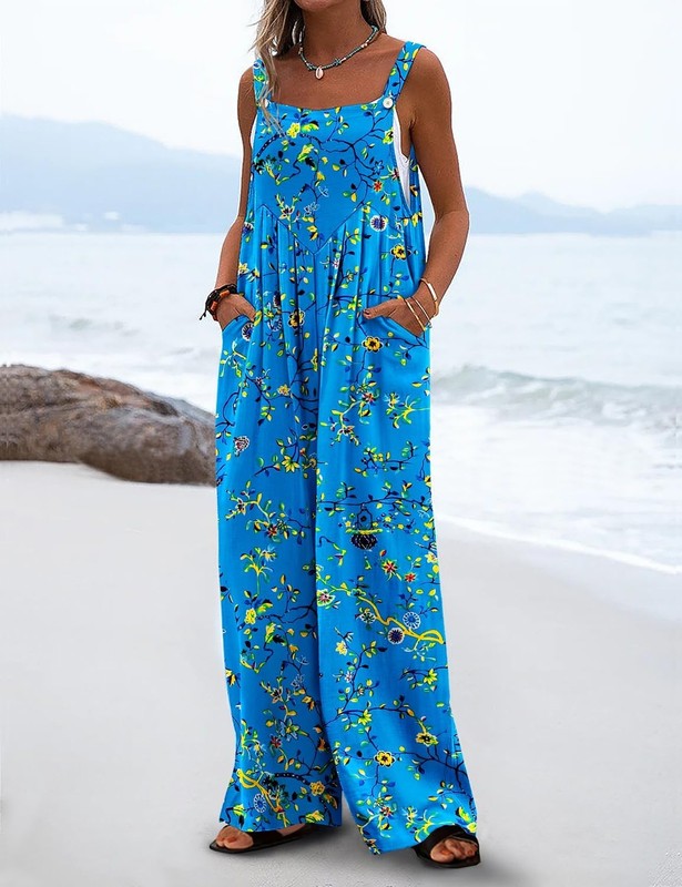 Women's Summer Boho Floral Romper with Pockets Loose Fit Wide Leg Jumpsuit gallery