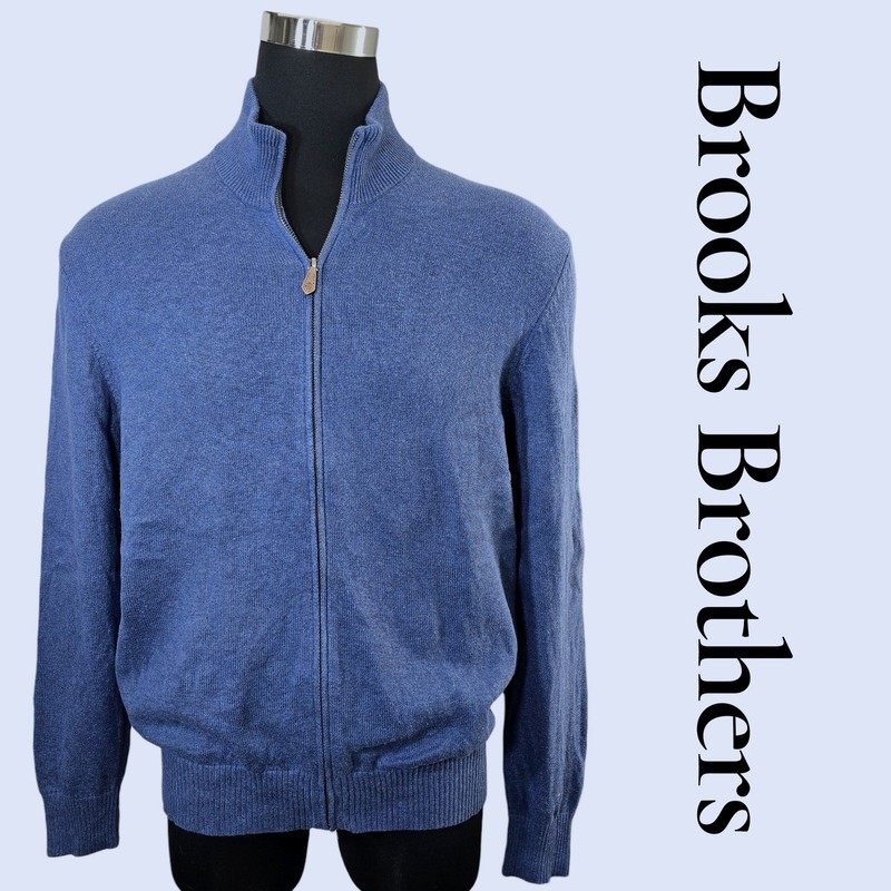 Brooks Brothers Men XL Blue Supima Cotton Full Zip Mock Neck Sweater 4467-001SW2