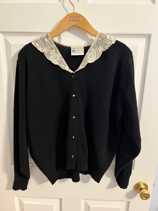 Black vintage Laura Ashley button up wool sweater with lace collar