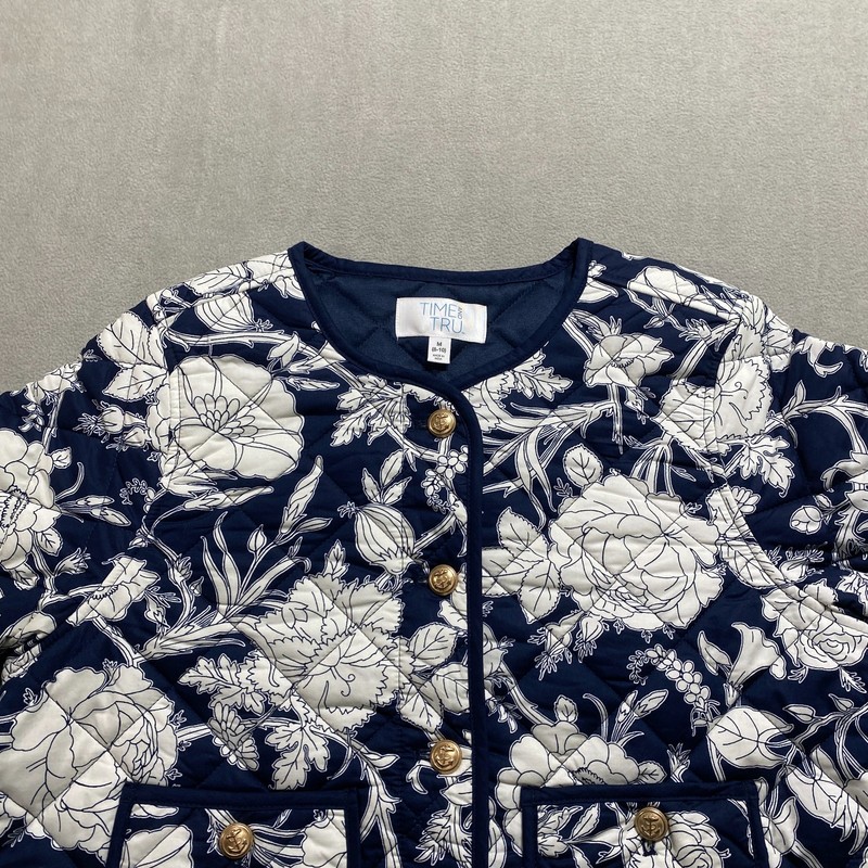 NEW Navy Floral Quilted Cotton Jacket Nautical Crest Goldtone buttons w/ pockets gallery