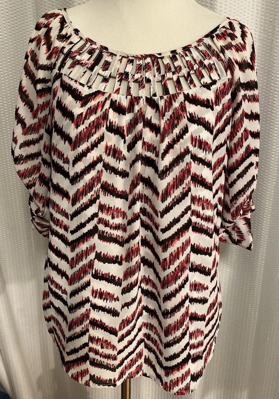 Takara Women’s S. Blouse Multicolored Black/Pink Sheer 3/4 Fun Sleeves Lattice