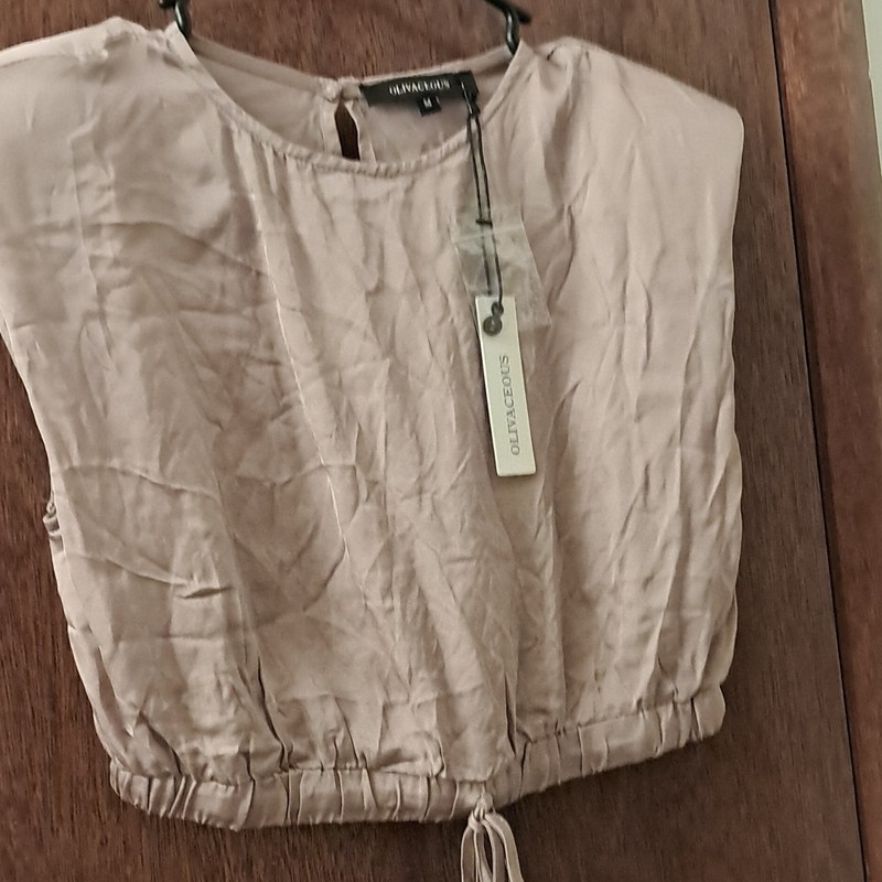 Olivaceous Women’s Beige Sleeveless Cropped Blouse Round Neck Drawstring M
