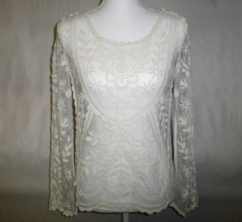 JOLT Long Sleeve Cream Crochet Embroidered Tulle Women’s Top Shirt Blouse XS/S