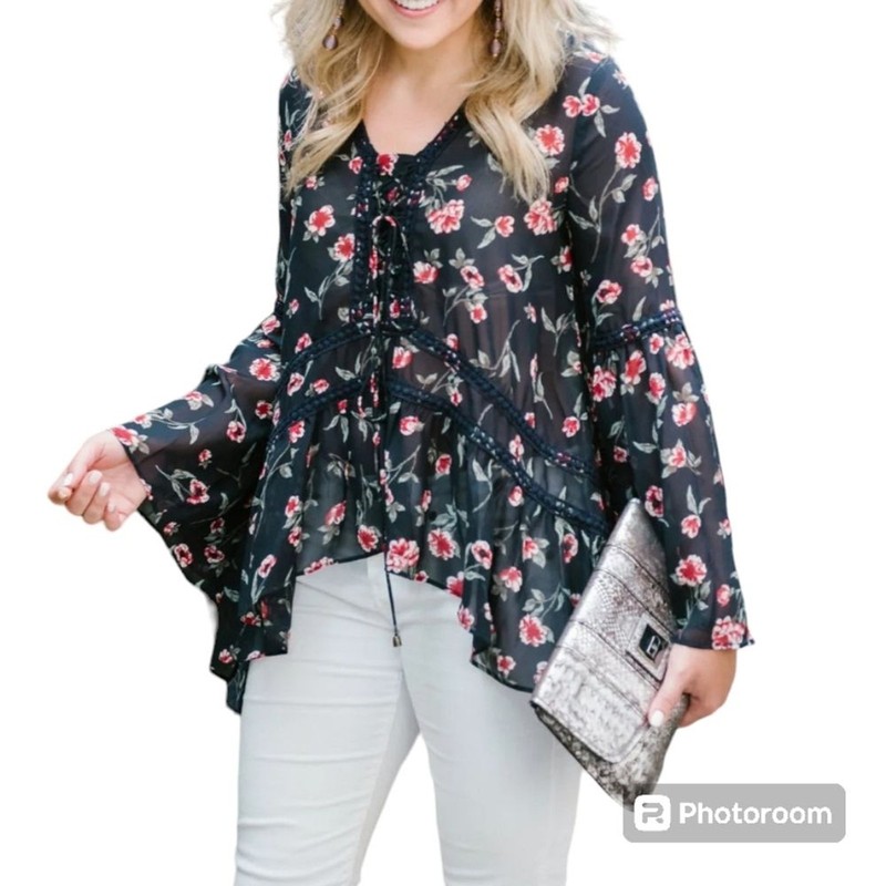 MOON RIVER Size Medium Bohemian Sheer Navy Blue Red Floral Lace-Up Ruffle Blouse