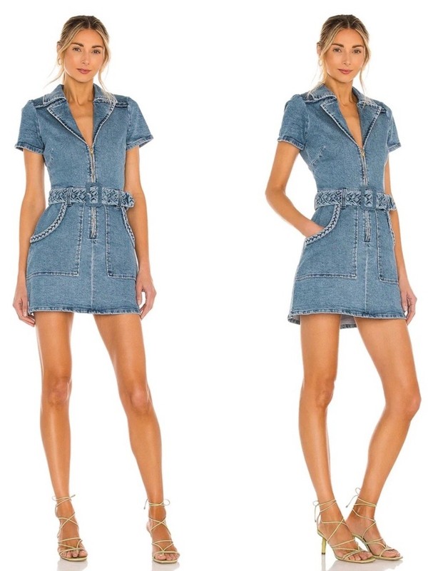 SHOW ME YOUR MUMU Outlaw Denim Mini Dress V Neck Short Sleeve Braided Boho US L