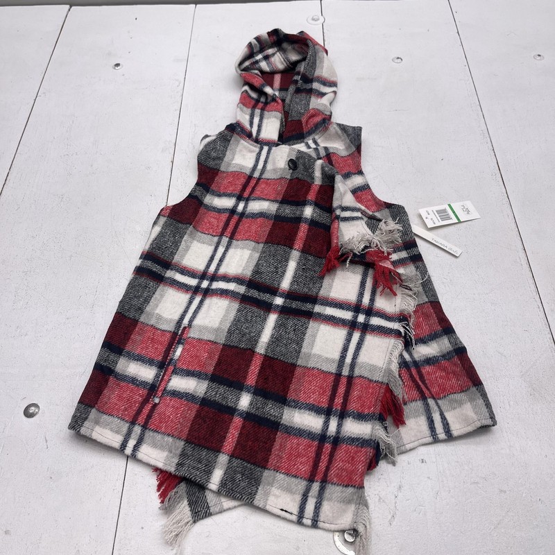 Takara Poncho Girls Large Red Gray Plaid Hooded Fringe Lined Flannel Coat