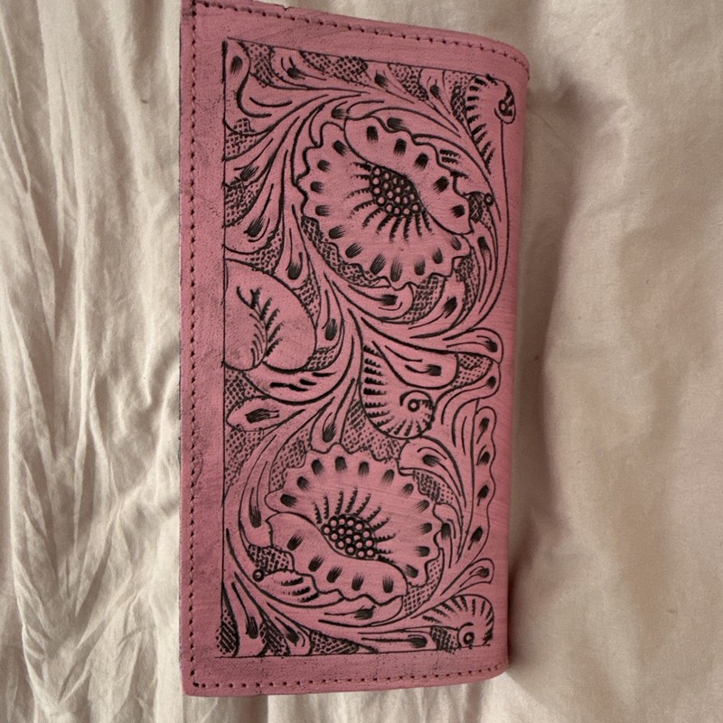 Pink Tooled Floral Checkbook Bi-Fold Wallet w/ Snap Closure & ID Window gallery