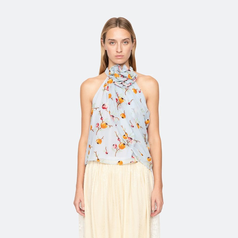Sea New York Light Blue Halter Top Floral Printed Resort Wear Romantic