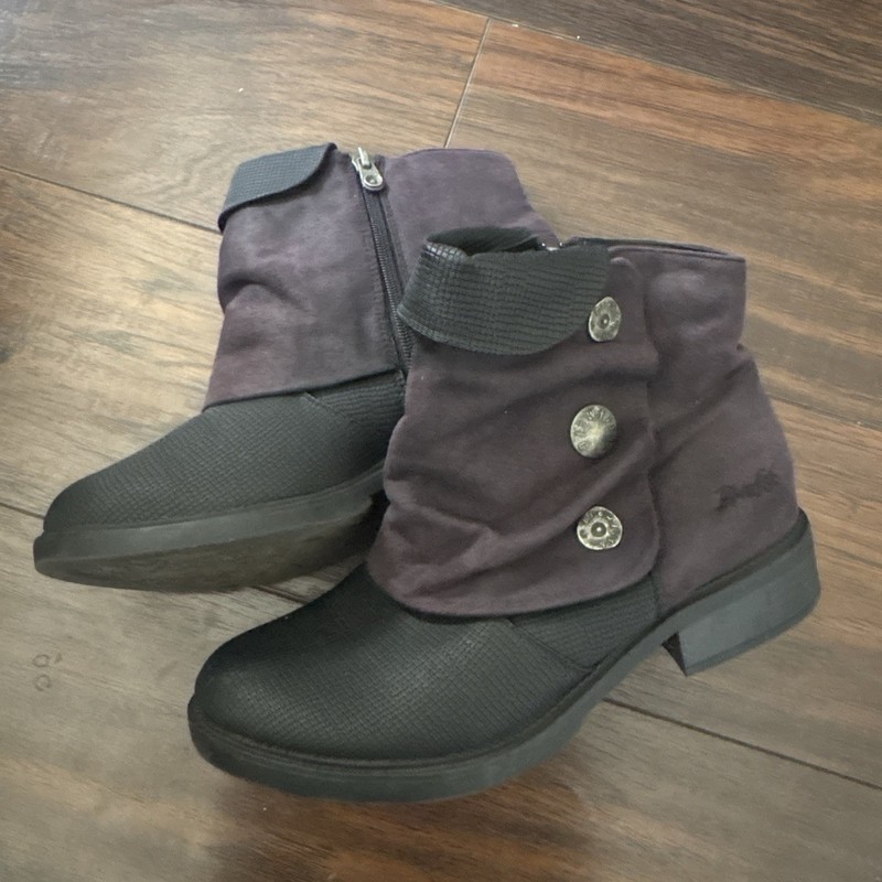 Blowfish Malibu B1381 Women’s Ankle Bootie Canvas Black/Purple Zip Button 7