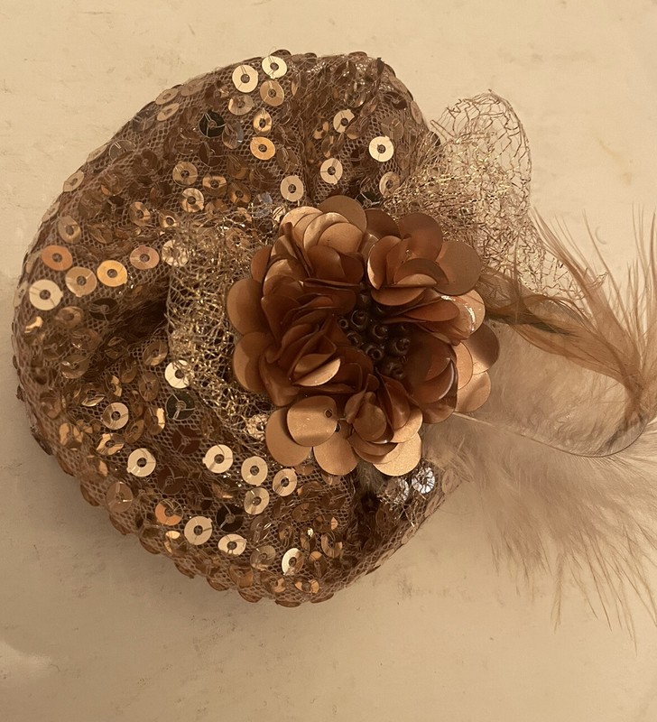 Retro Gold Sequin w/ Spider Tulle, Feathers, Copper Flower Fascinator Hair Clip