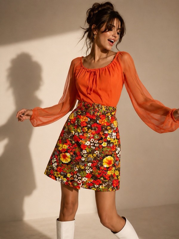 Vtg 60s 70s Quilted Skirt Chiffon Top Mini Belted Dress Gogo Mod Orange Size 8