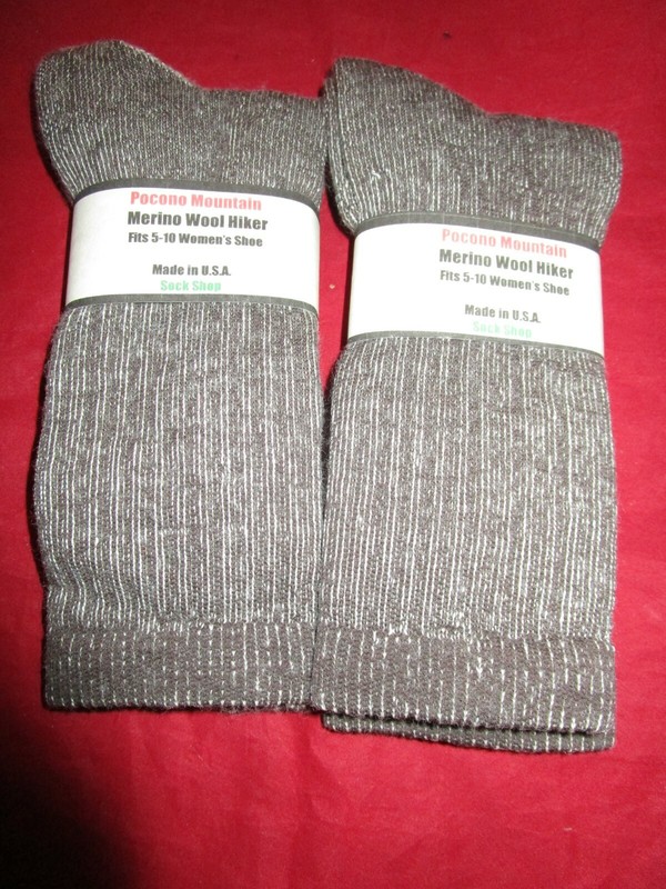 2 Pair Medium Pocono 75% Merino Wool Hiker Women Sock 5-10 Made in USA