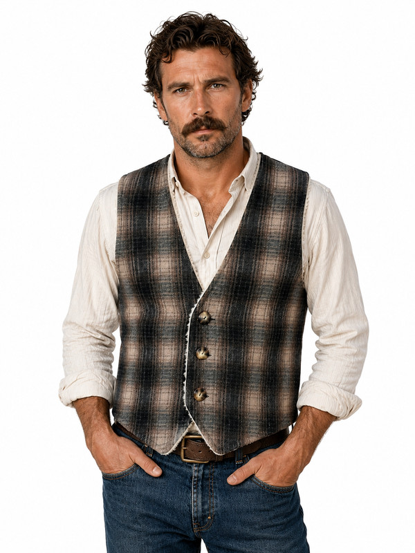 True Grit Wool Vest Mens Sz Small Gray Plaid Sherpa Lined Quilted Back USA