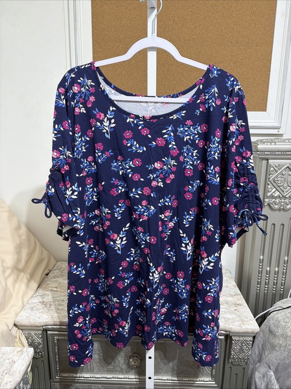 Woman Within Tie Sleeve Blouse Size 3X (30/32) Navy Floral C-5