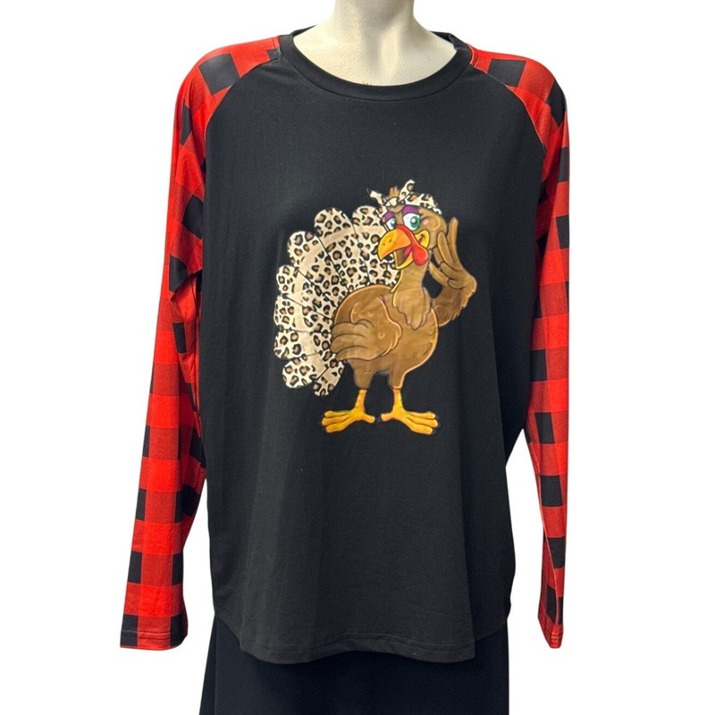 Black and Red Check Long Sleeves Unisex Sweatshirt L Turkey w/ Leopard Feathers