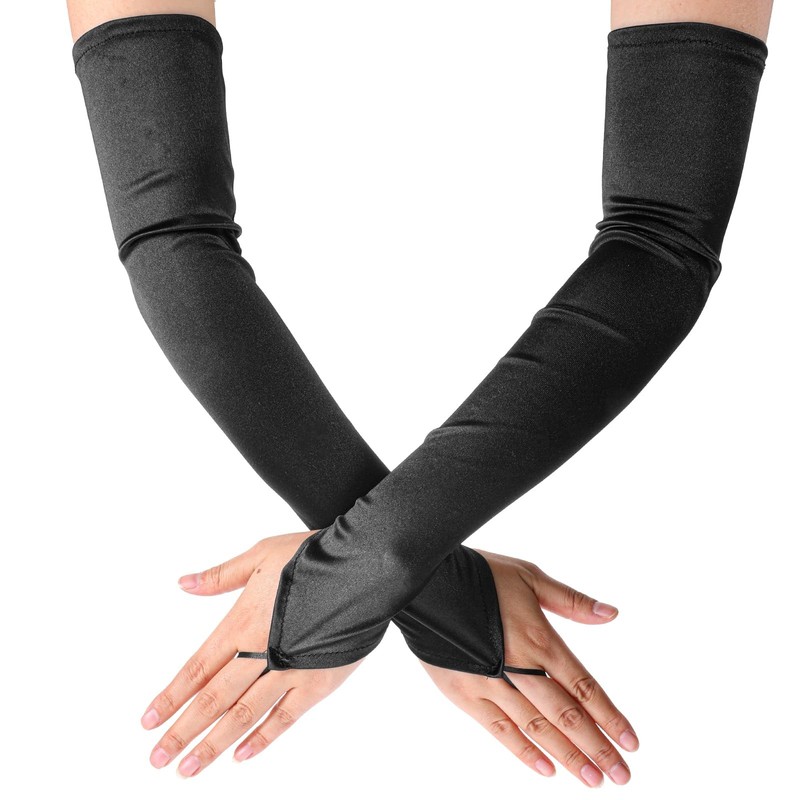 Xelsluthe Black Long Fingerless Satin Opera Gloves Women, 1920s Elbow