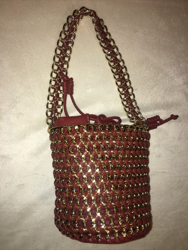 Street Level Drawstring Bucket Bag burgundy GOLD Chain Weaved New