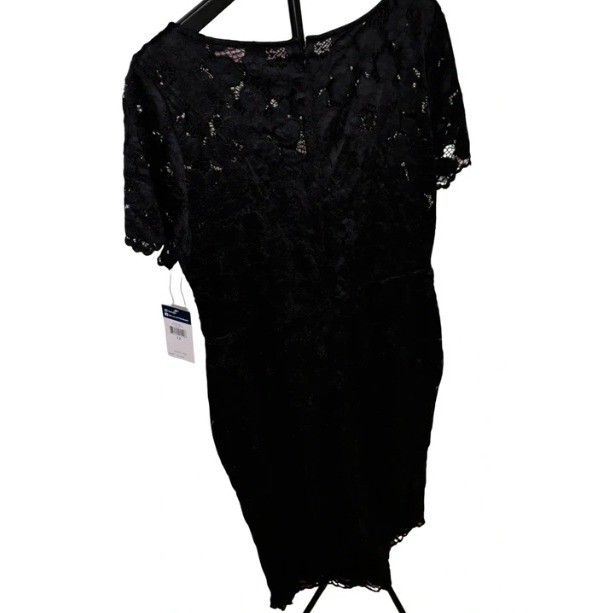 Chaps Lace Dress Womens 12 Black NWT Floral Sheath Short Sleeve