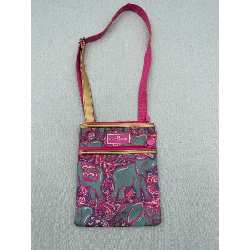 Simply Southern Pink & Gray Elephant Pattern Crossbody Bag with Gold Trim