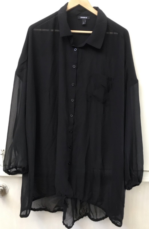 Torrid Black Collared Semi-Sheer Balloon Sleeve Tunic Blouse Tie Hem High Low 1X
