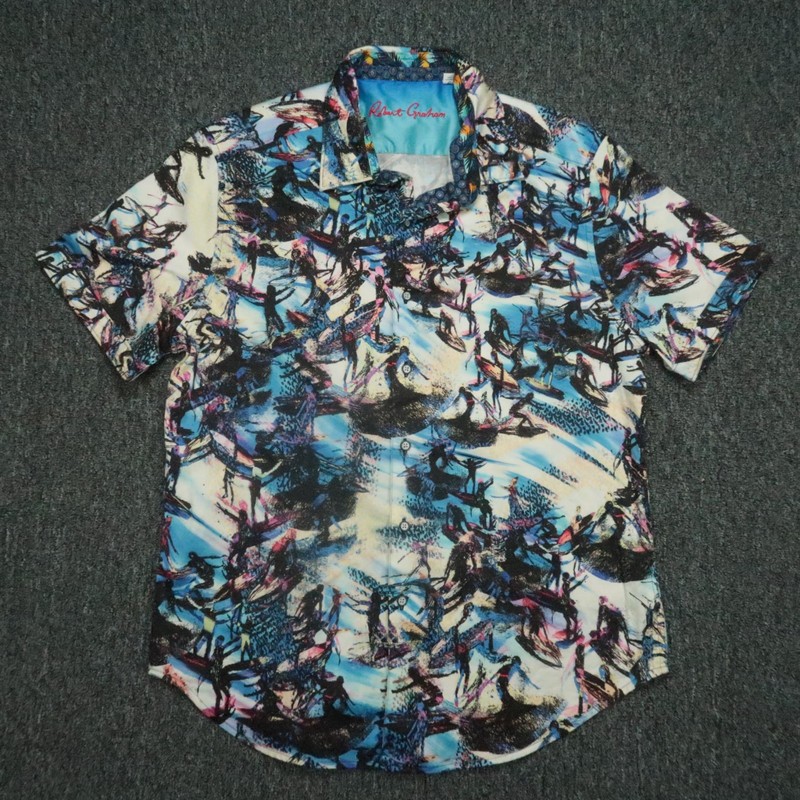 Robert Graham Shirt Mens Large Blue White Classic Fit Surfing Abstract Colorful