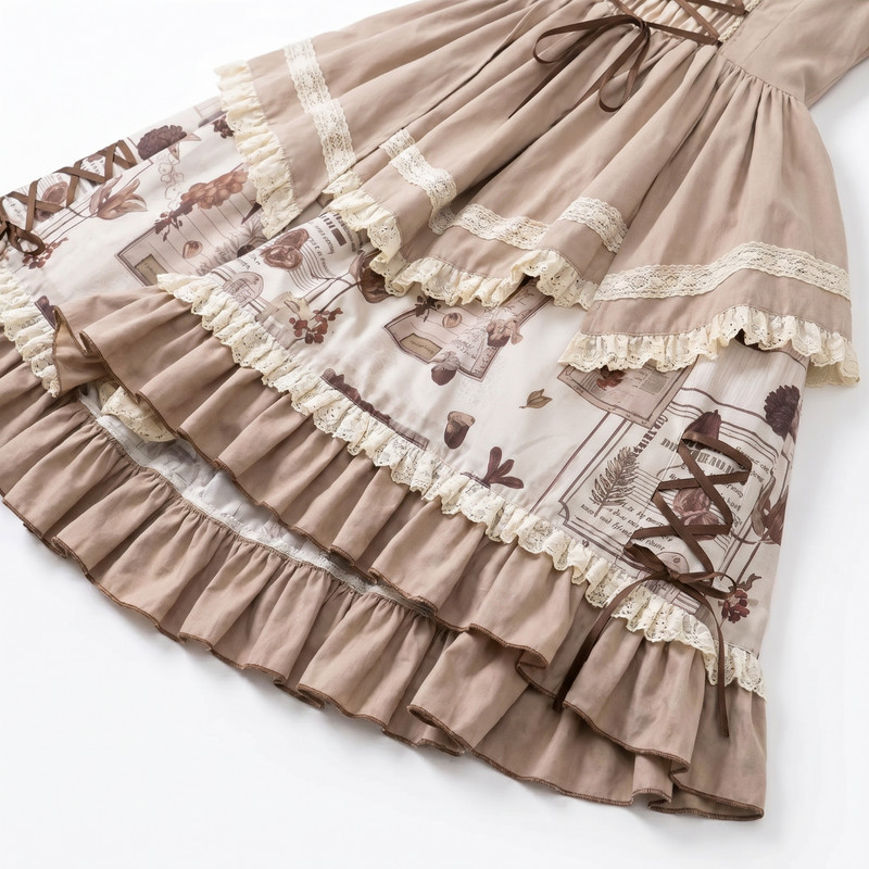 Women Lolita JSK Dress 3PCS Set Vintage Botanical Print Lace Ruffle Long Sleeve gallery