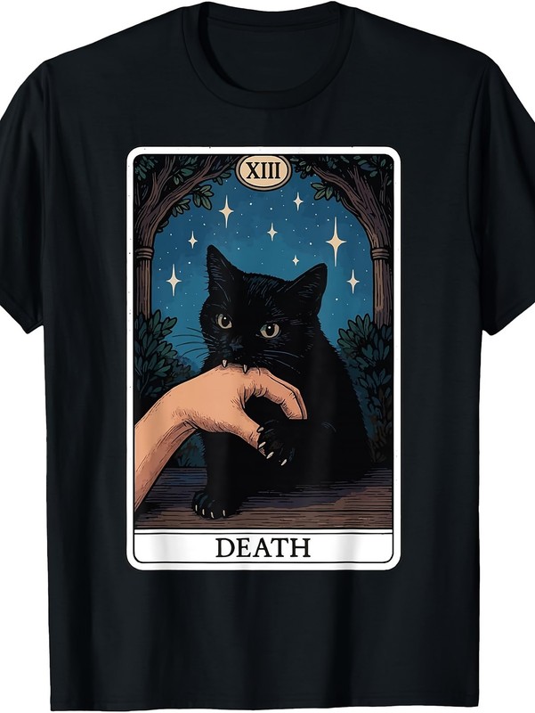 Cat Death Tarot Card Graphic T-Shirt Gothic Mystic Cat Tarot Tee