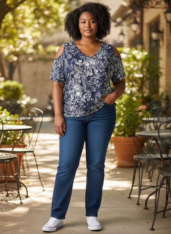 Woman Within Women’s Plus 2X Blue White Floral V-Neck Cold Shoulder Knit Blouse
